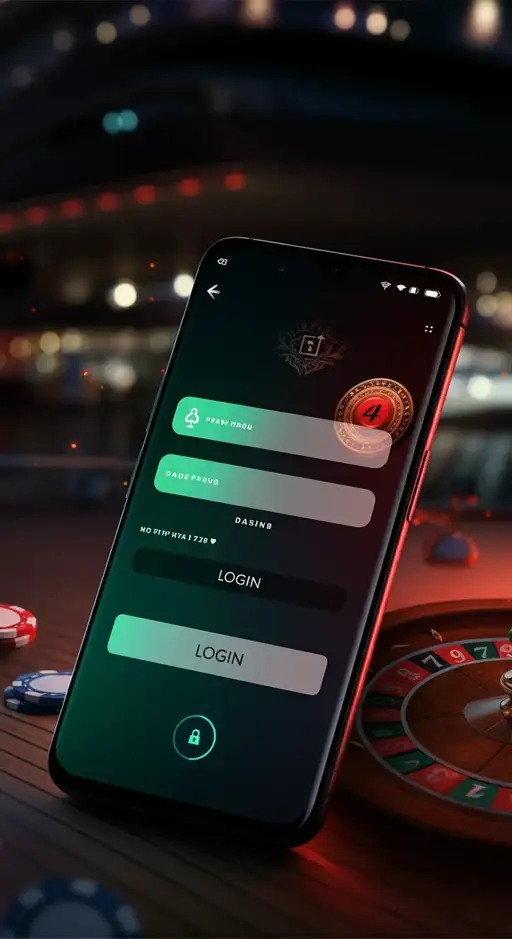 BetOnRed Login-Formular auf einem Smartphone mit stilisiertem Spielhintergrund, welches den schnellen Zugang zu über 6.000 Casino-Spielen visualisiert